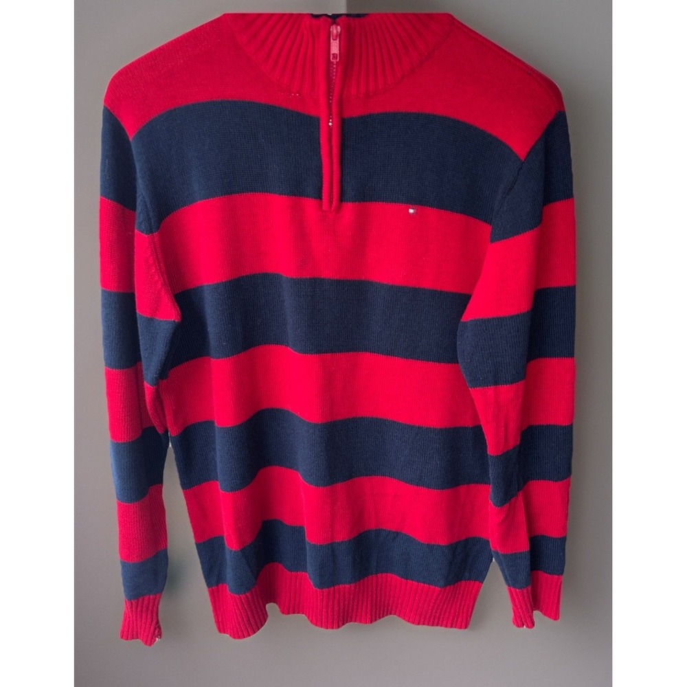 Tommy Hilfiger Men's 1/4 Zip Pullover Sweater 100% cotton Striped Red Blue XL